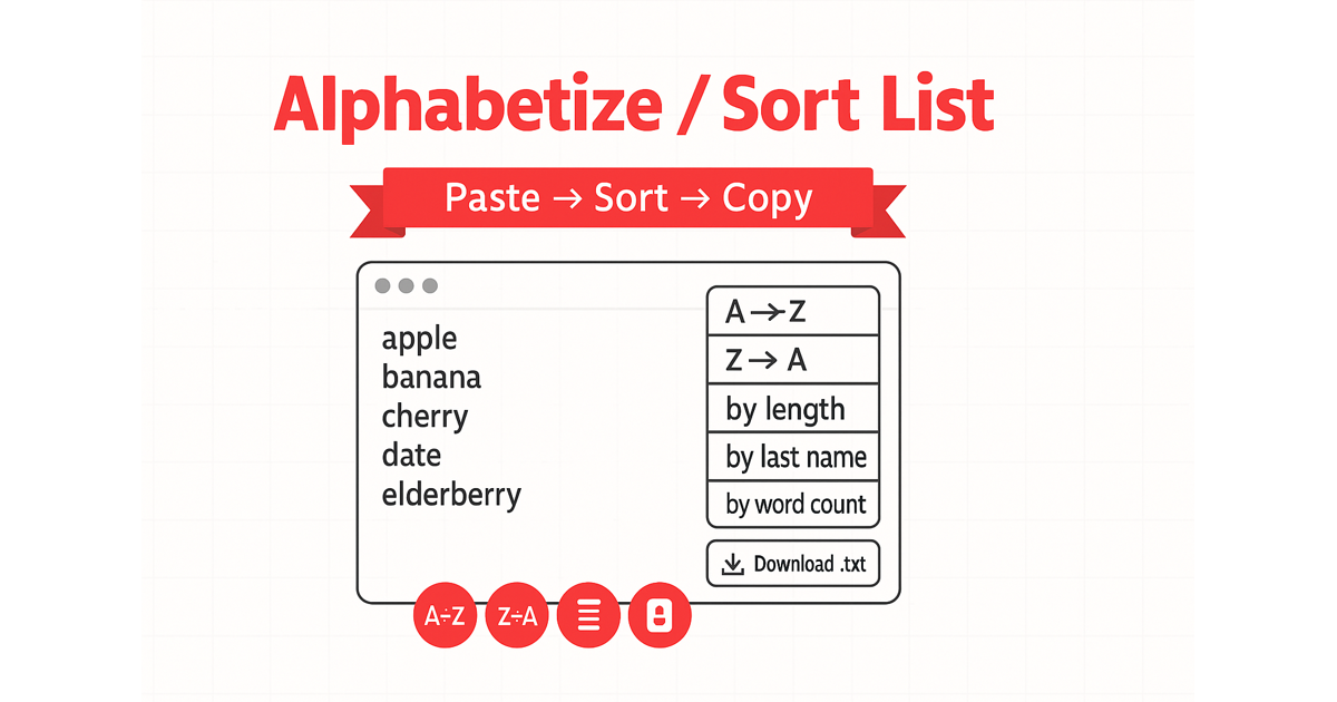 Alphabetize and sort lists online — A→Z, Z→A, by length, word count, or last name. FATAIM Tools.