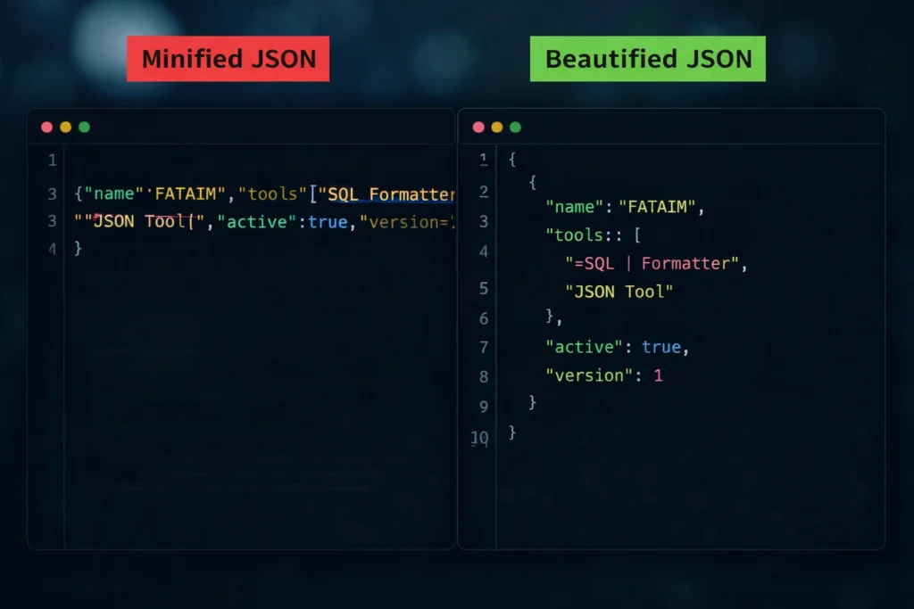 JSON Formatter: Side by side comparison of minified JSON and beautified JSON in a modern code editor